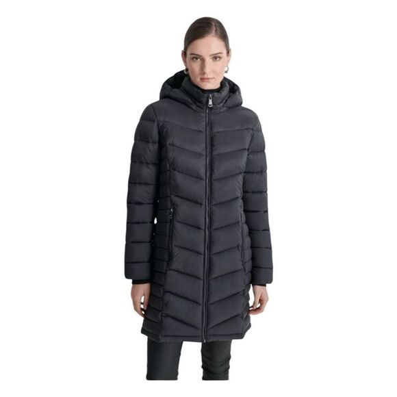 DKNY Midi Puffer Jacket Black Matte Fur Lined Removable Hood Long Sleeve M - Picture 1 of 12
